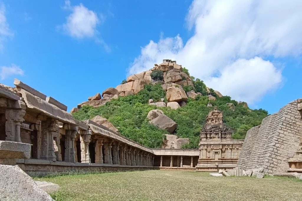 Achyutaraya Temple complex & Matanga Hill (1) A wide view of the rugged, boulder-strewn Matanga Hill slope as seen from the lower temple grounds.