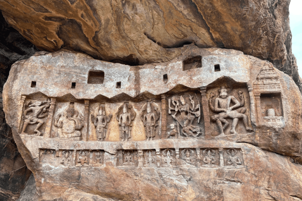 Stone carvings of Ganesha Vishnu and Brahma on Bhutanatha Temple complex Badami Karnataka
