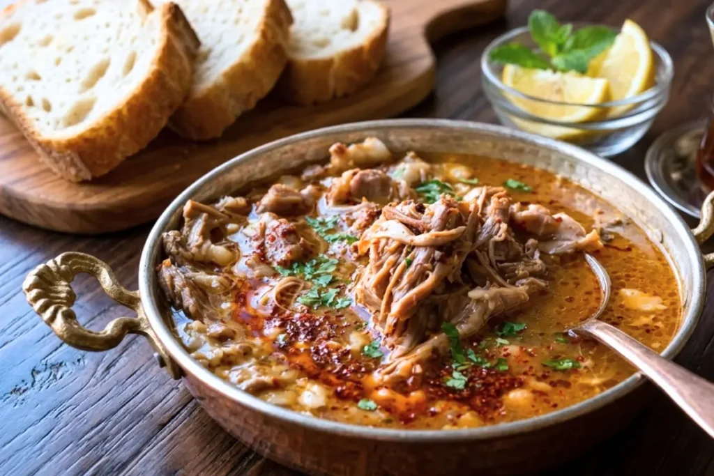 A copper bowl filled with a rich, hearty Beyran soup garnished with shredded lamb meat and herbs, served next to slices of bread.