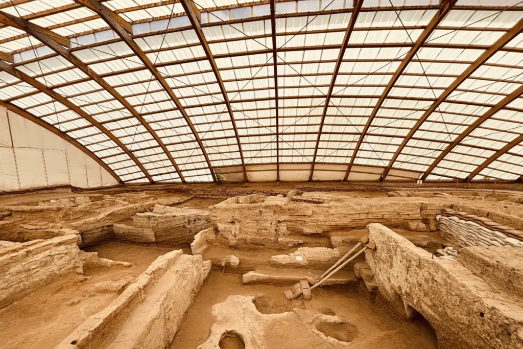 An expansive archaeological excavation site at Çatalhöyük showing the layout of prehistoric mudbrick dwellings under a protective roof.