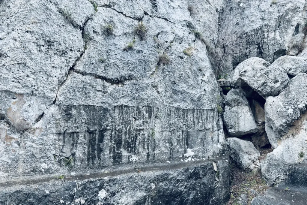 A rock face relief showing a row of twelve similar male deities carved in a marching procession, wearing pointed hats.