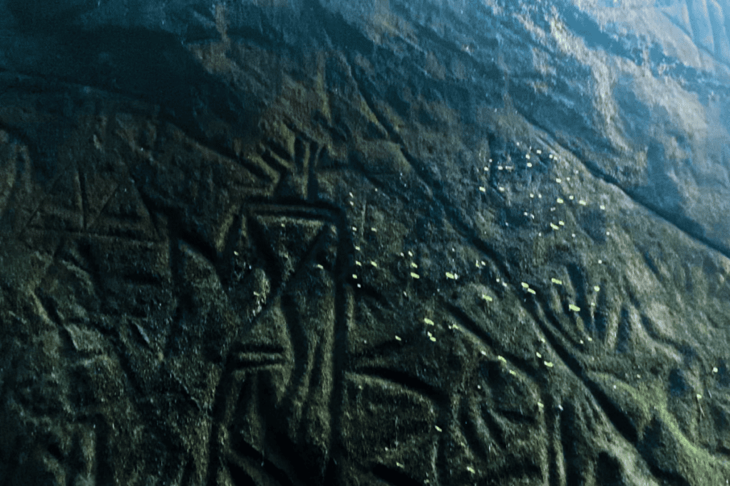 Prehistoric rock engravings and ancient carvings inside Edakkal Caves Wayanad Kerala