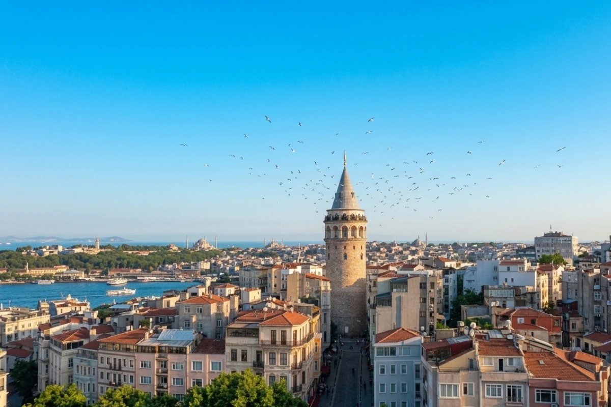 A wide, straight, high-angle shot of the Galata Tower centered in the Istanbul cityscape under a bright blue sky, with a flock of birds flying around the spire and the Bosphorus strait visible in the background.