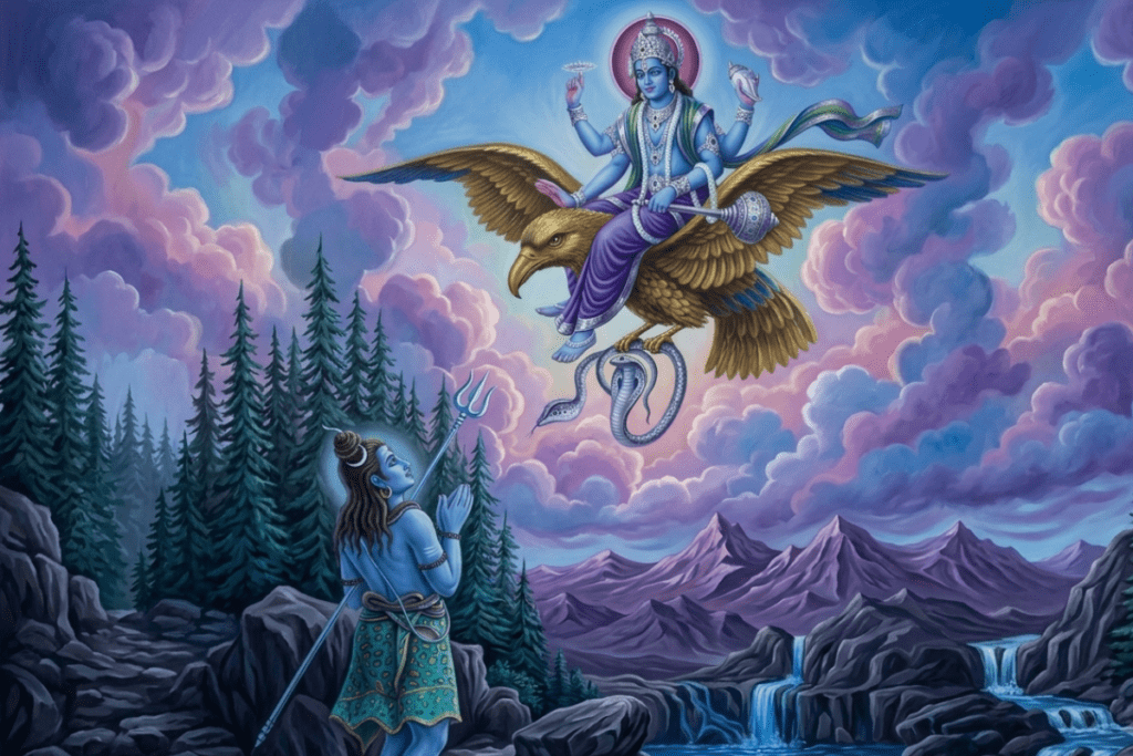A vibrant painting set in a mountainous landscape at twilight. In the sky, the blue-skinned deity Lord Vishnu rides atop his large, wide-winged divine mount Garuda, who holds a snake in its talons. Below on a rocky path, Lord Shiva stands holding a trident, looking up toward them in reverence.