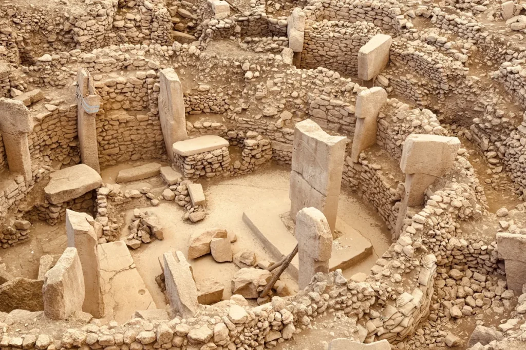 Ancient stone structures and circular compounds of Göbekli Tepe under an open-air protective shelter.