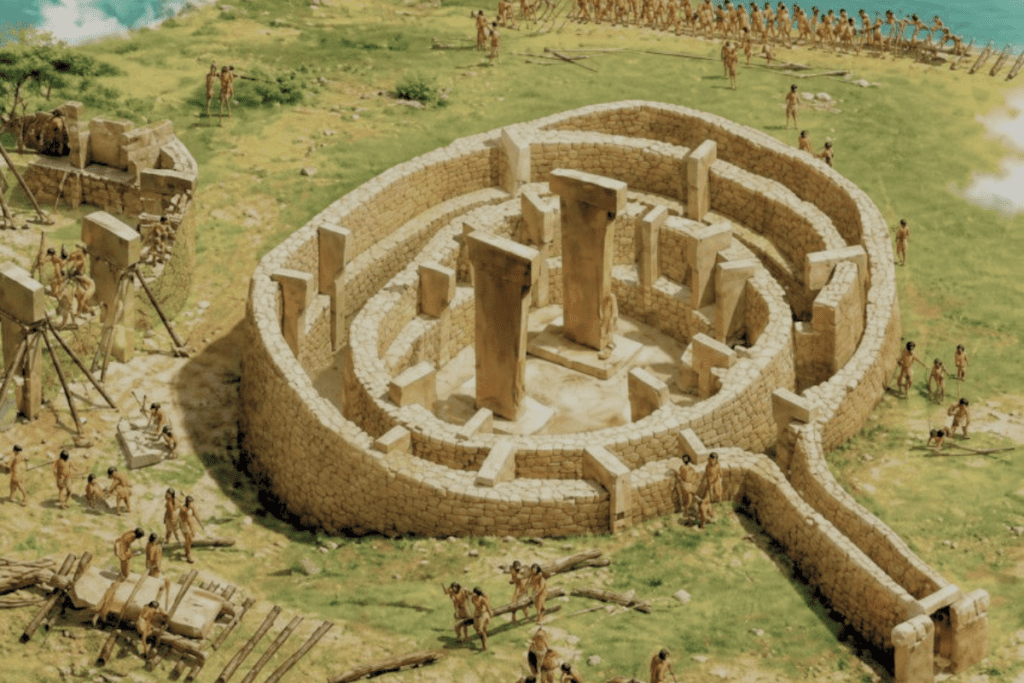 A top-down aerial photograph showing a perfectly round ancient stone enclosure with two large central T-shaped pillars standing parallel at its core.