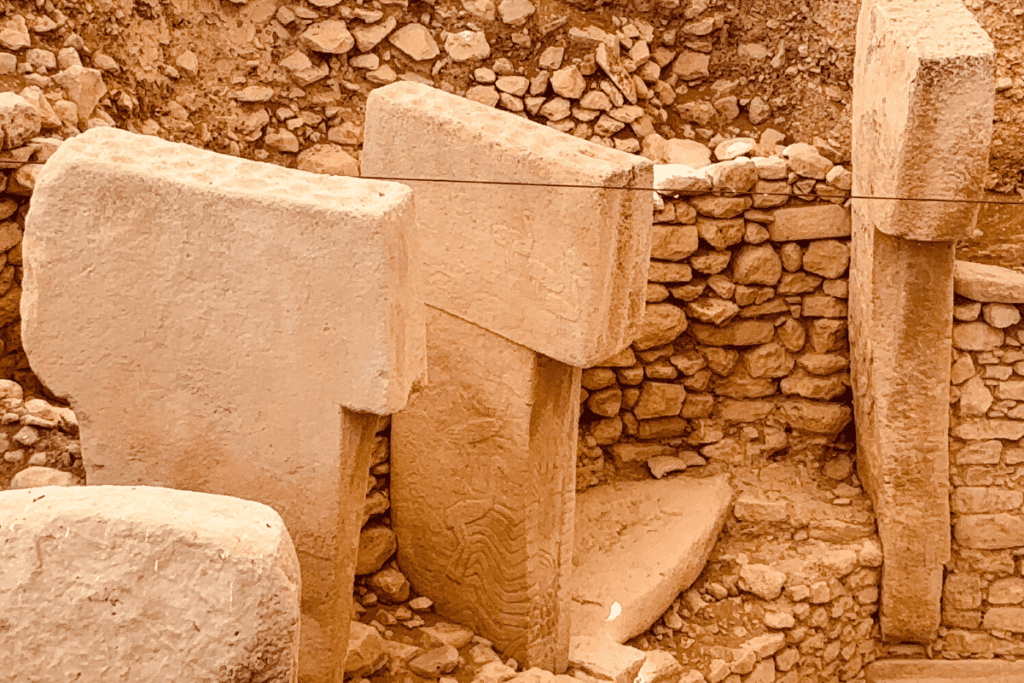 A high-angle, close-up photograph looking down into an excavated pit containing several standing T-shaped limestone pillars surrounded by rough stone 