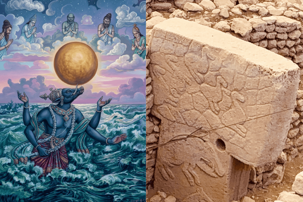 A side-by-side composite image. On the left, a traditional painting of the four-armed avatar Varaha balancing a golden Earth on his snout. On the right, a close-up photo of an ancient stone pillar featuring a low-relief carving of a wild boar with a distinct circular hole right over its snout.