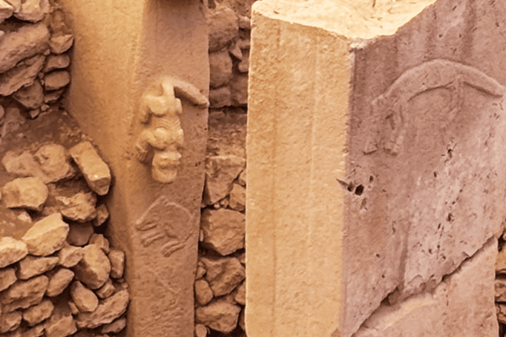 A close-up view of two distinct sections of a stone pillar. The left section shows a high-relief carving of a lizard or crocodile crawling vertically downwards, while the right section features a low-relief carving of a slender, four-legged creature etched into the limestone.