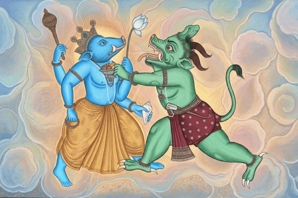 A vibrant painting depicting the blue-skinned, four-armed boar avatar, Lord Varaha, holding a mace and a white lotus flower while engaging in a confrontation with a green, tusked demon against a swirling cloud background.