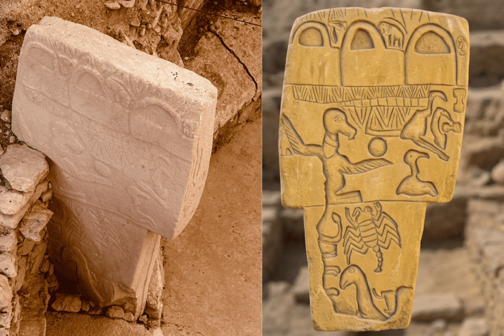 A vertical photograph of a heavily decorated T-shaped pillar displaying various low-relief animal carvings from top to bottom.
