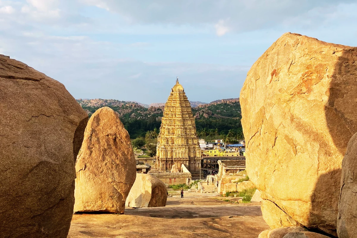 Virupaksha Temple gopuram seen from Hemakuta Hill Hampi Karnataka