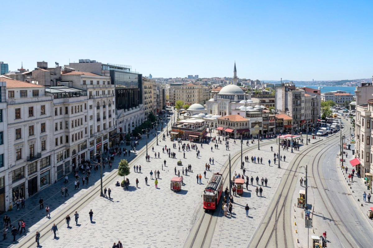 A high-angle, wide panoramic view of a bustling, crowded city square in Istanbul, filled with pedestrians, historic buildings, and streetcar tracks under a clear blue sky.