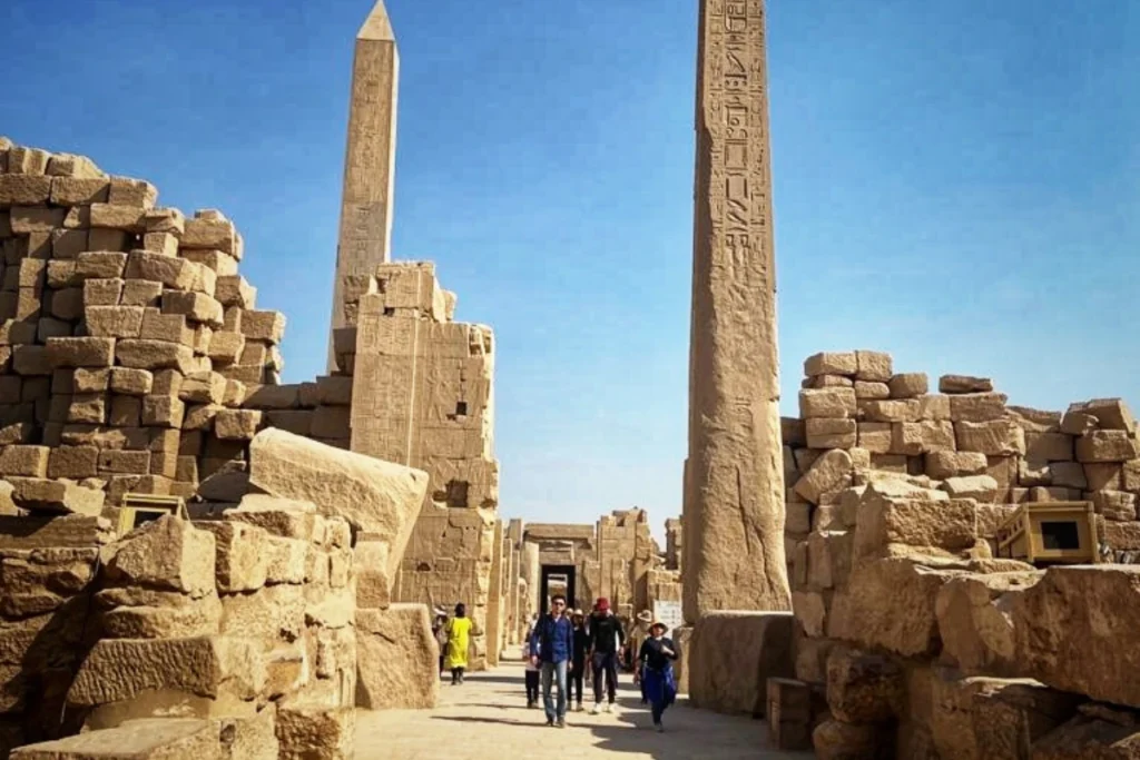 A tall, intact stone obelisk pointing toward the sky amidst the ruined temple walls.