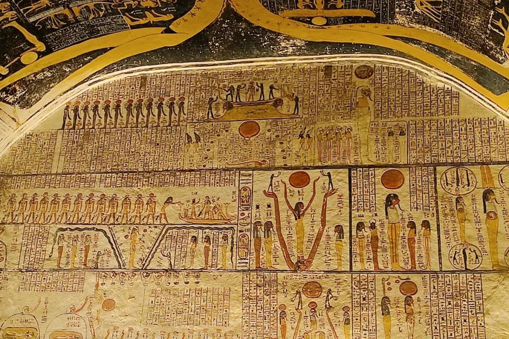 An intricately painted ancient Egyptian ceiling from a tomb, depicting a golden astronomical grid and figures from the Book of Gates or Book of Nut.