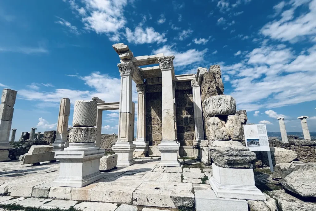 An excavated street layout at Laodicea featuring standing marble columns and clear glass pathways built over fragile ruins.