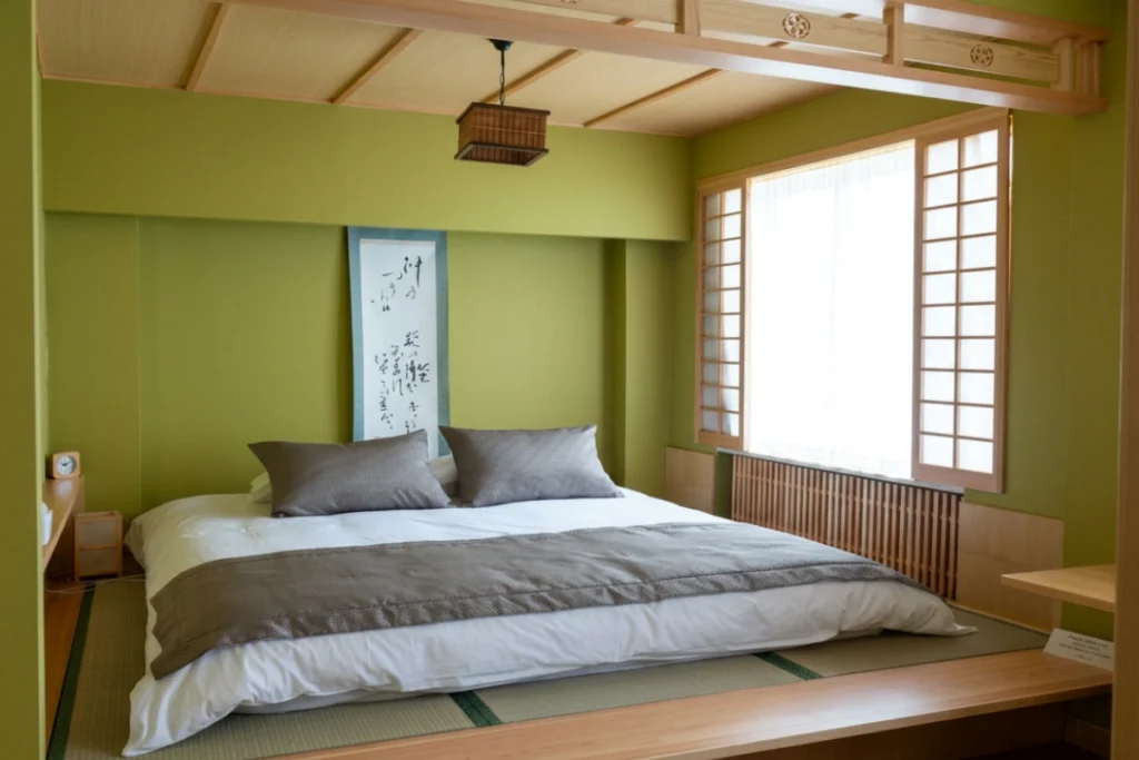 A cozy, modern bedroom with a large made bed and minimal decor.