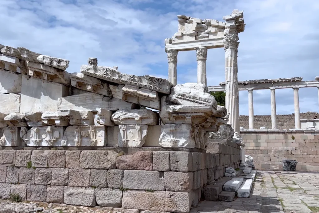 A dramatic view of the incredibly steep, semi-circular stone seating tiers of the Hellenistic theater carved into the hillside at Pergamon.