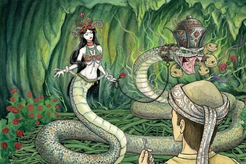 A colorful illustration of Shahmaran, a mythical creature with a human head and a serpent body, surrounded by green foliage and another human figure.