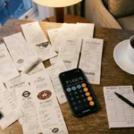 A close-up shot of several store receipts scattered across a wooden desk alongside a smartphone displaying a calculator app with a final total, a white coffee cup, a pen, and a credit card.