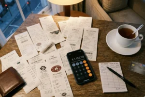 A close-up shot of several store receipts scattered across a wooden desk alongside a smartphone displaying a calculator app with a final total, a white coffee cup, a pen, and a credit card.
