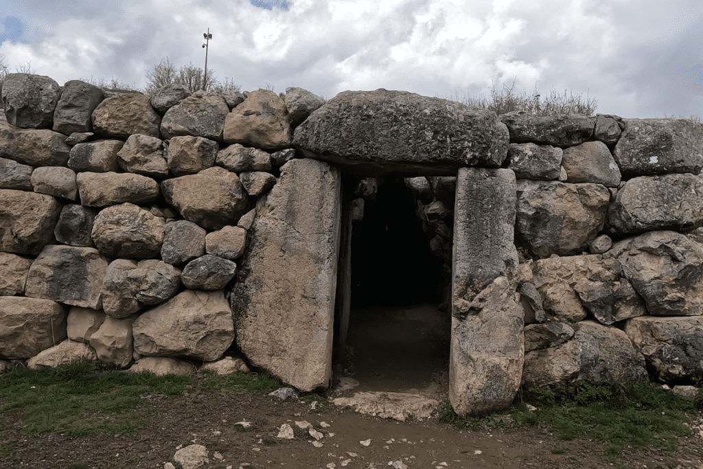 The external entrance of a stone tunnel built into a massive wall composed of large, irregular boulders.