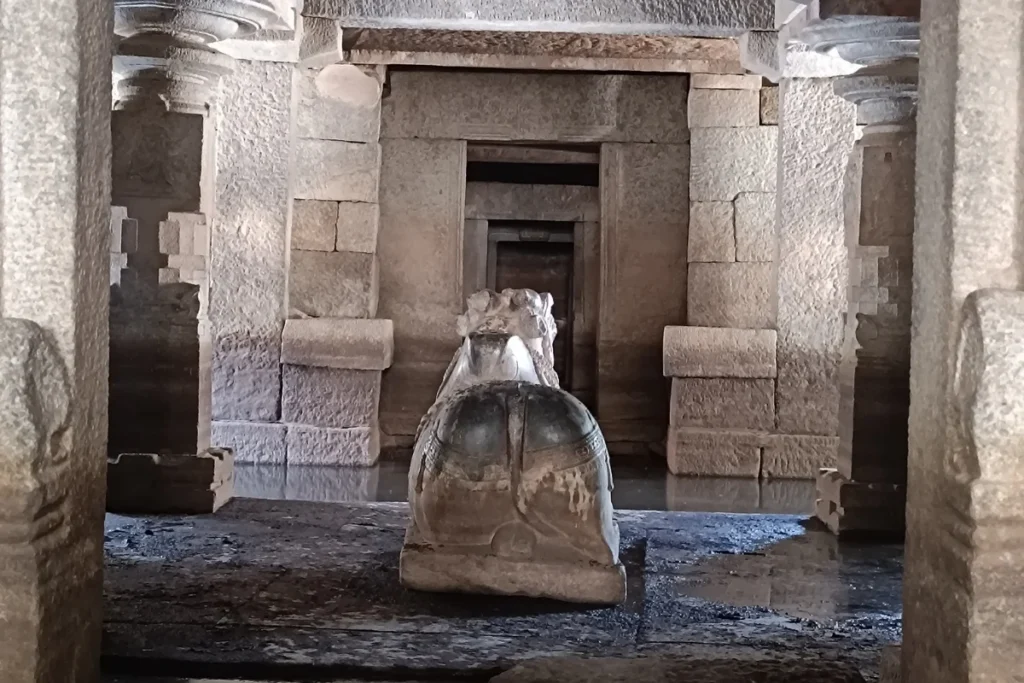 The stone pillars and interior structure of the subterranean Shiva Temple, with shallow water covering the stone floor.