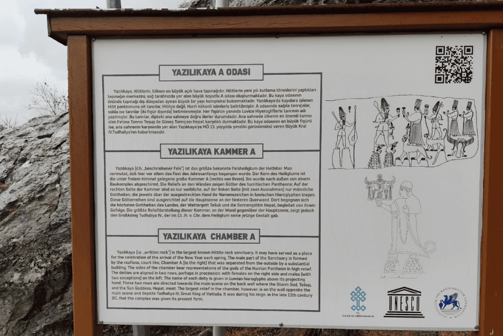A white descriptive sign detailing the archaeological layout and significance of Yazılıkaya Chamber A.