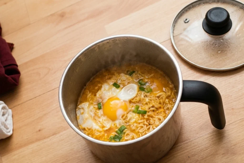 A top-down shot of a small stainless steel pot filled with hot instant noodles, green onions, and an egg yolk cooking inside.