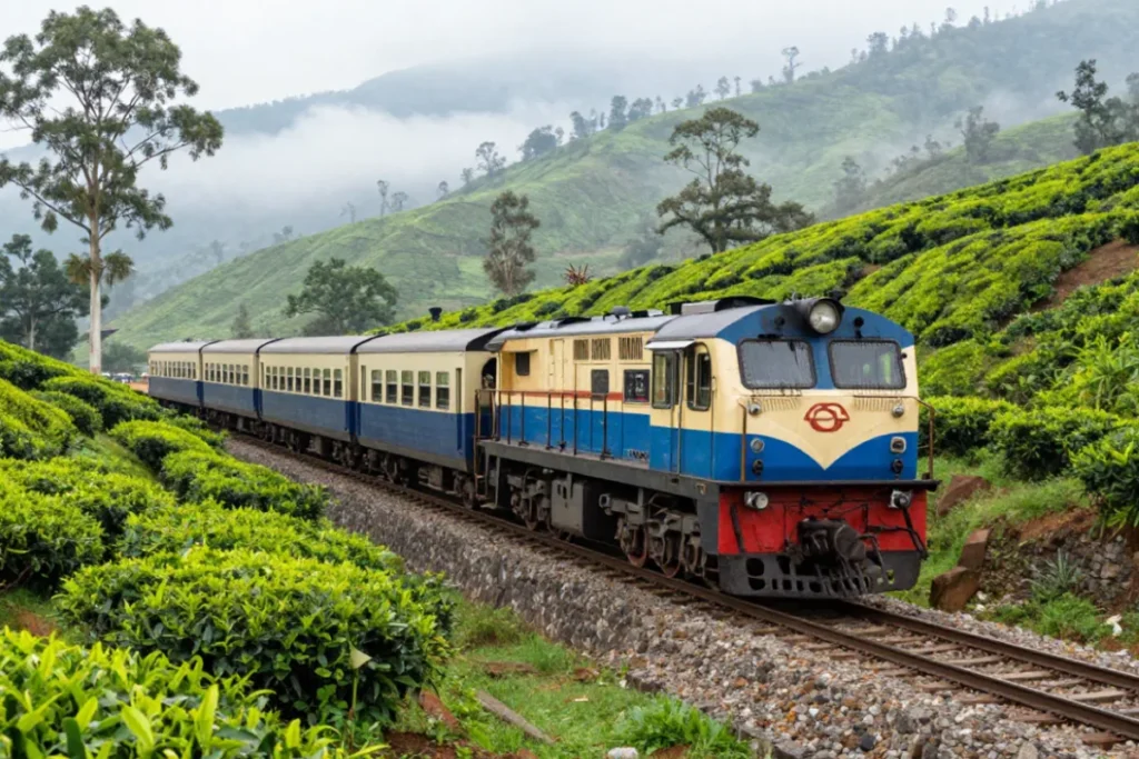 ooty train (1) A heritage steam engine locomotive pulling blue passenger coaches along a curved track through a green countryside.
