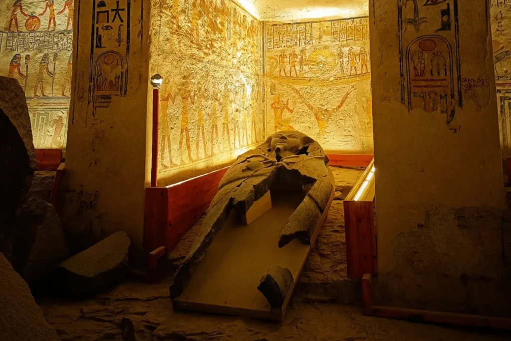 A stone sarcophagus resting inside a heavily decorated burial chamber with ancient wall paintings.