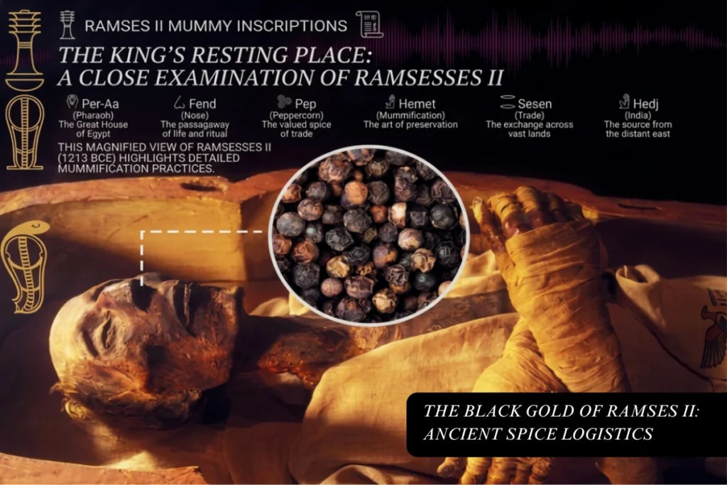BLACK GOLD OF RAMSES II ANCIENT SPICE LOGISTICS An artistic graphic illustration featuring the golden burial mask of King Tutankhamun alongside traditional text about ancient trade.
