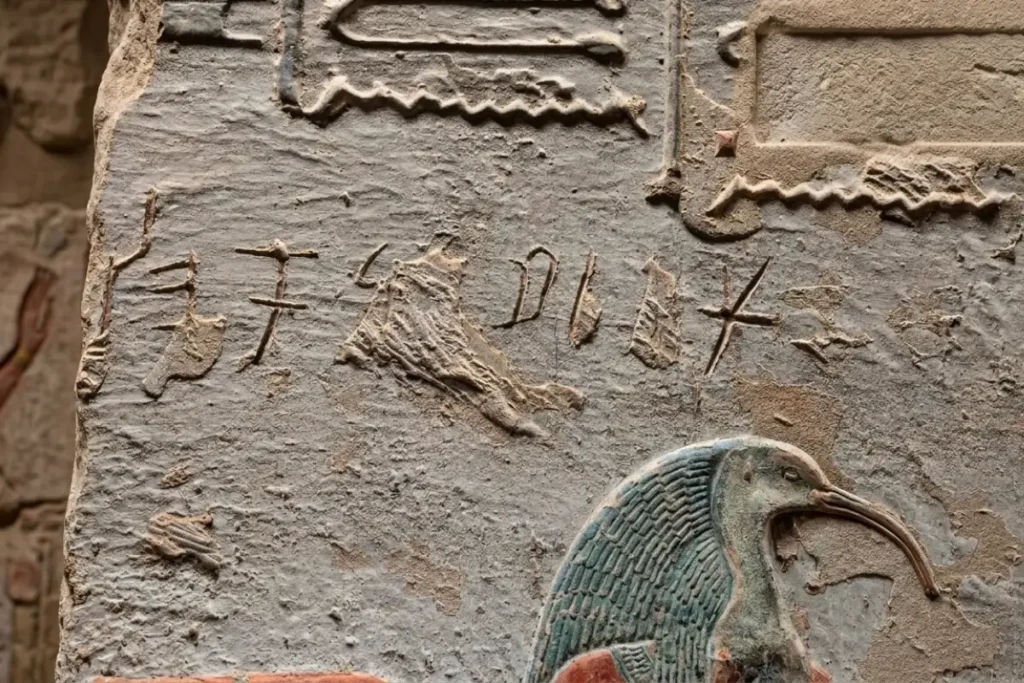 Egyptian indian connection A close-up shot of weathered stone showing ancient inscriptions and carvings etched into a wall.