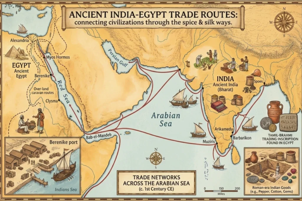 India Egypt connection A colorful map detailing the maritime trade routes across the Arabian Sea between ancient India and the ports of Egypt.