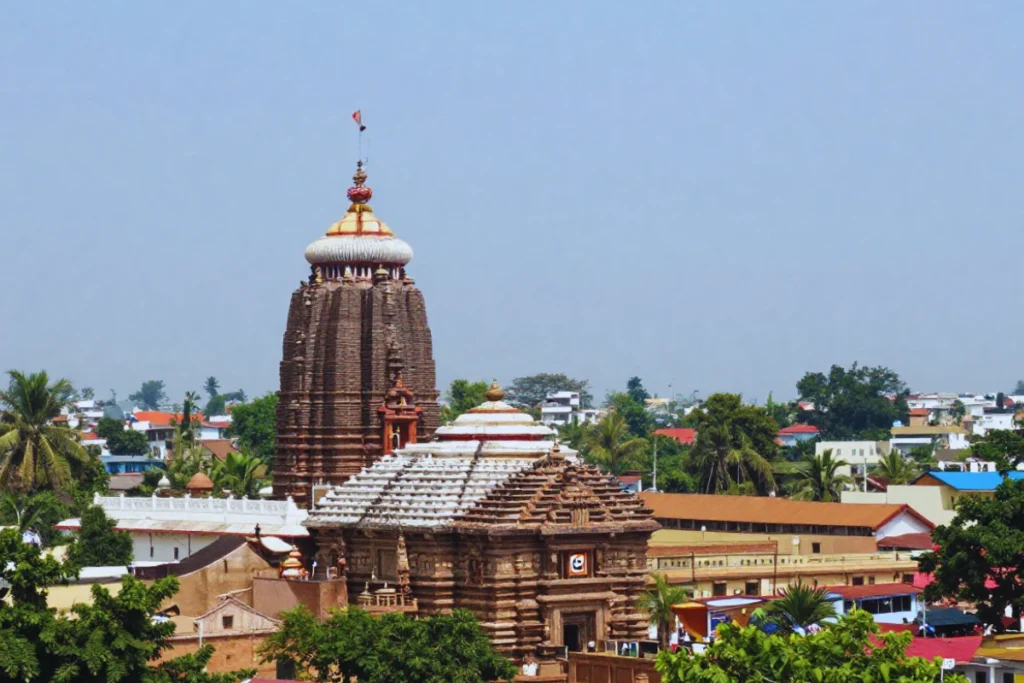 Jaganathan Temple 2 A high-angle side view of the massive stone spire of the main temple building overlooking surrounding rooftops.