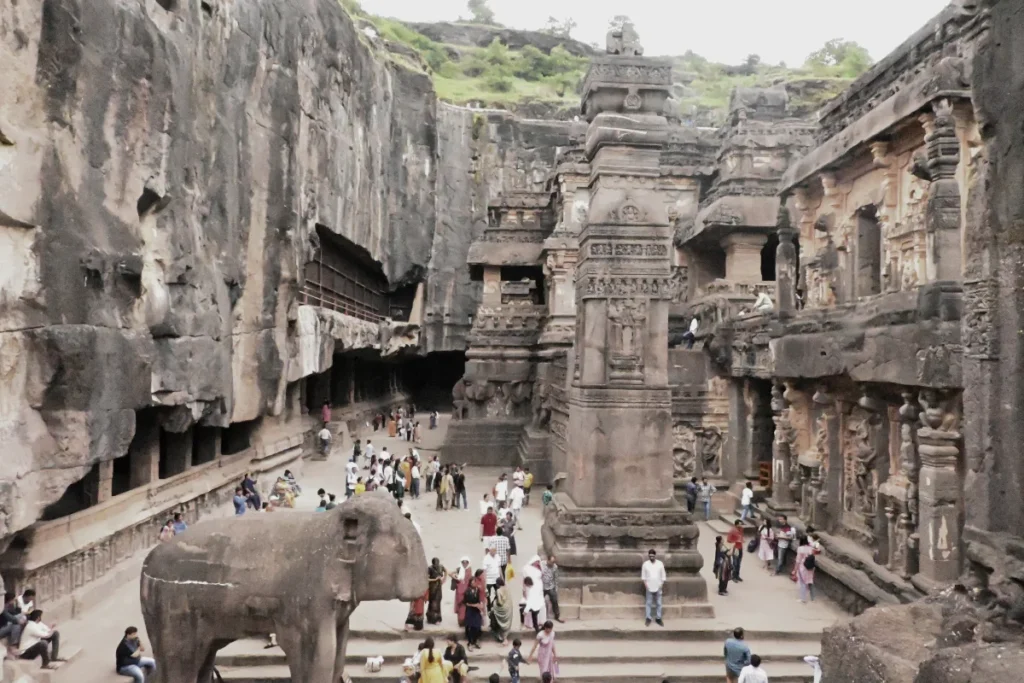 Kailash Temple 5 A wide view of the monumental Kailash Temple complex carved entirely out of a single solid basalt rock face at Ellora.