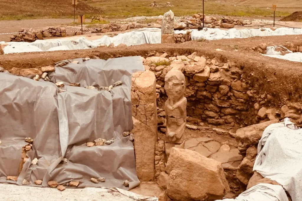 Karahan Tepe 3 A stone excavation area showing carved archaeological structures surrounded by protective sandbags and earth.