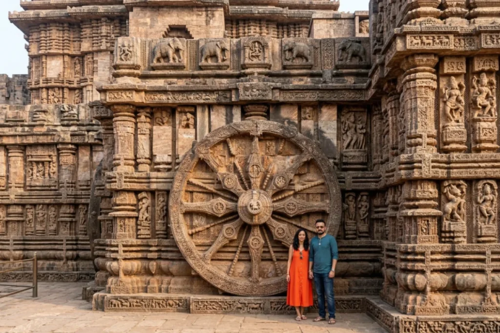 Puri- Konark Temple Akash & Sumana standing next to one of the intricately carved, massive stone sun wheels on the side of the temple structure.