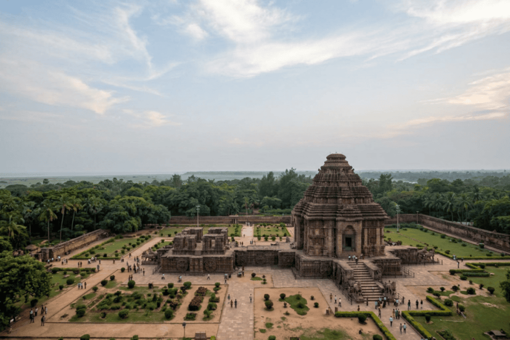 Puri Konark temple complex An aerial viewpoint showing the extensive archaeological site of Konark with stone foundations and structured green pathways.