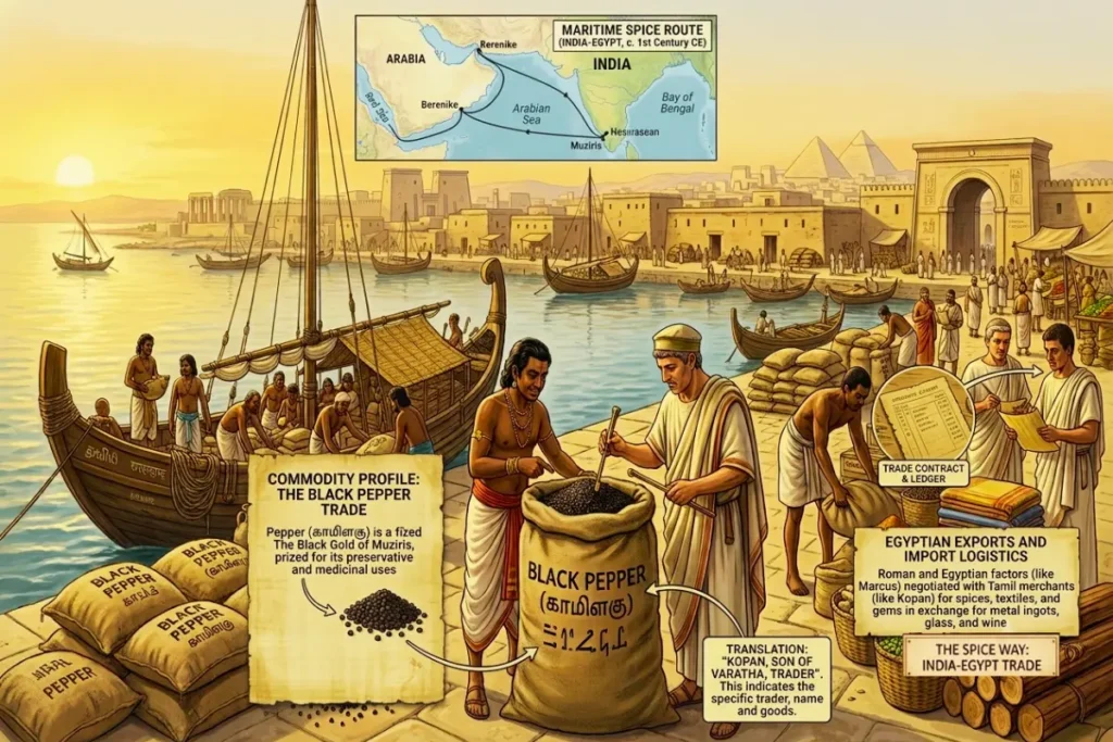 Spice rout A classic painting illustration depicting ancient merchant ships loaded with goods along a busy river port.