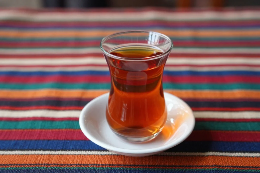TURKISH TEA A single clear tulip-shaped glass filled with dark amber-colored Turkish tea, resting on a small saucer over a patterned fabric mat.