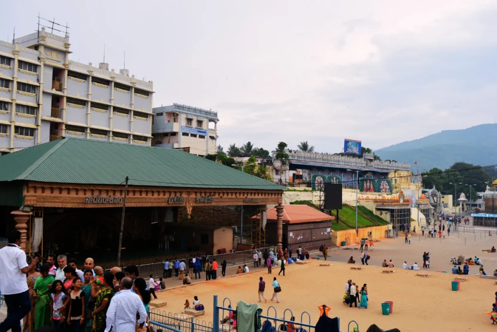 Tirupati- temple complex 3 A perspective looking at multi-story buildings and modern guest facilities within the temple complex area.