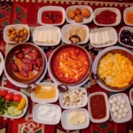 A high-angle view of a table filled with various copper and white bowls containing eggs, cheeses, olives, sliced tomatoes, cucumbers, honey, and sausages.