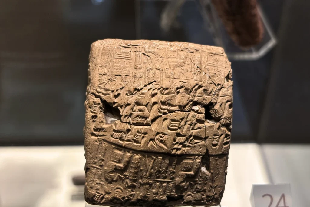 Anatolian Museum 10 A rectangular ancient clay tablet covered in fine cuneiform script script markings inside a museum display.