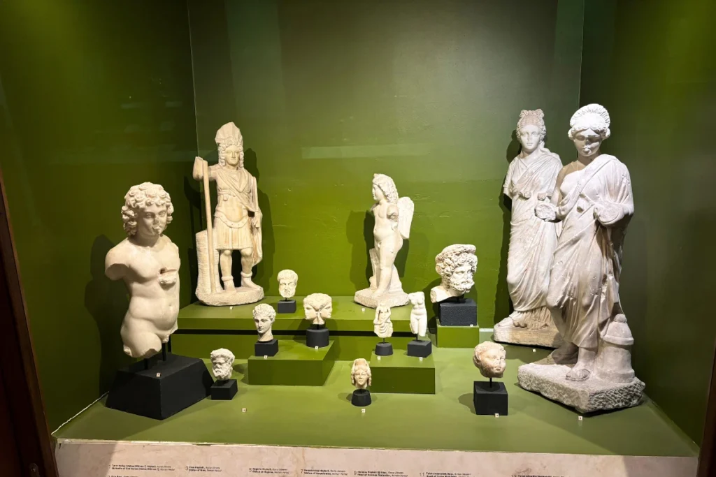 Anatolian Museum 15 A collection of ancient Roman marble statues and sculpted busts of historical figures arranged in a museum exhibition room.