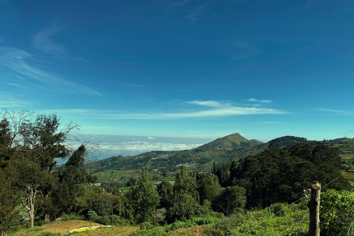 A expansive landscape photograph showing rolling green hills and prominent mountain peaks under a clear blue sky.