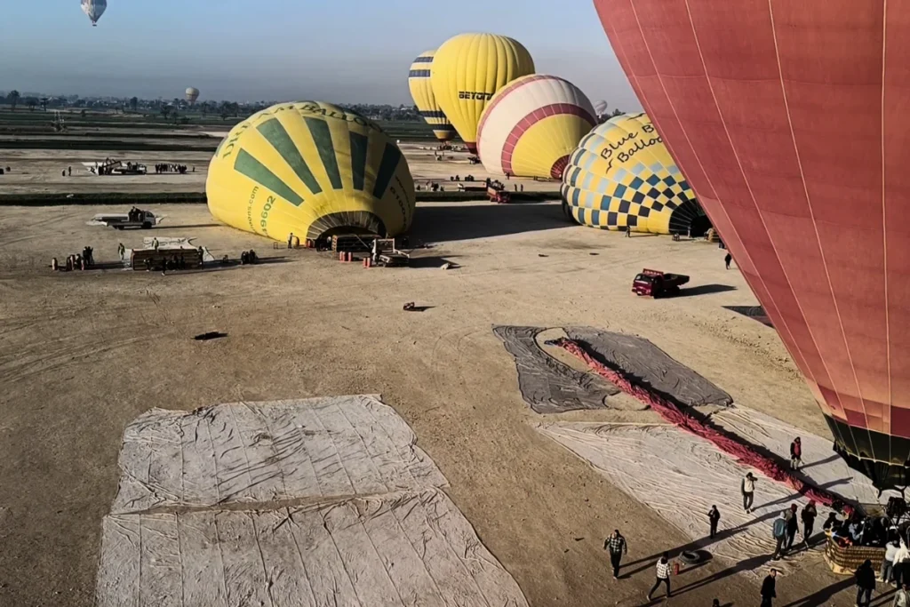 Egypt- Hot Air Balloon 11 Looking up into the opening of a partially inflated hot air balloon envelope on the launch field.