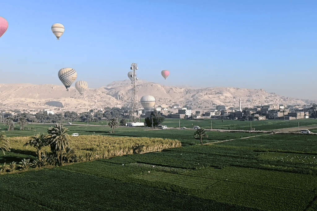 Egypt- Hot Air Balloon 12 Panoramic view looking down at green agricultural fields along the Nile River with hot air balloons in the sky.