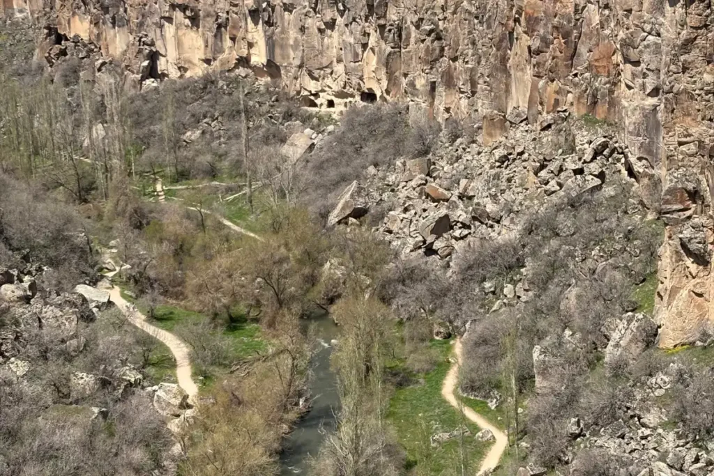 Ihlara Valley 1 A high-angle view looking down into the green, lush bottom of Ihlara Valley canyon flanked by steep rock cliffs.