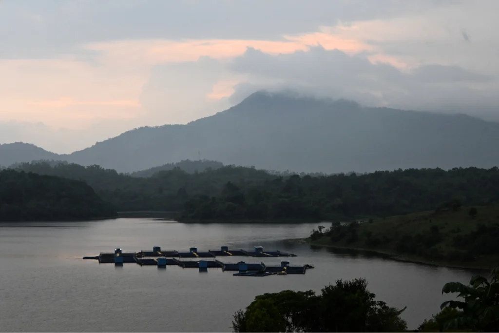 NELLARACHAL VIEW POINT 2 A scenic dusk view of a large body of water dotted with small forested islands surrounding mountain ridges.